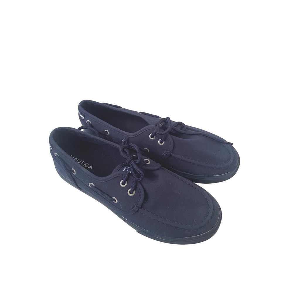 Nautica Womens Navy Blue Canvas Boat Shoes Moc Toe Lace Up Flats Size 9
